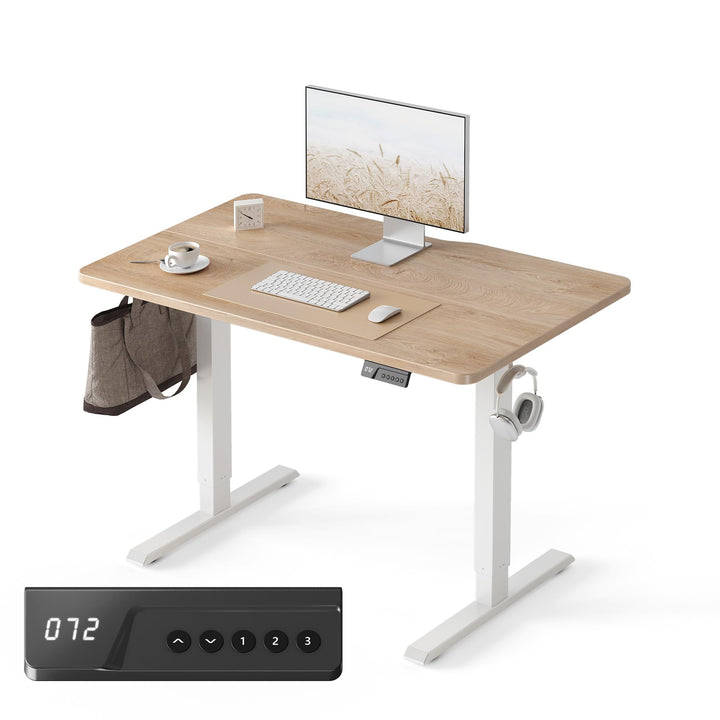 Fezibo electric standing desk with oak top and white frame