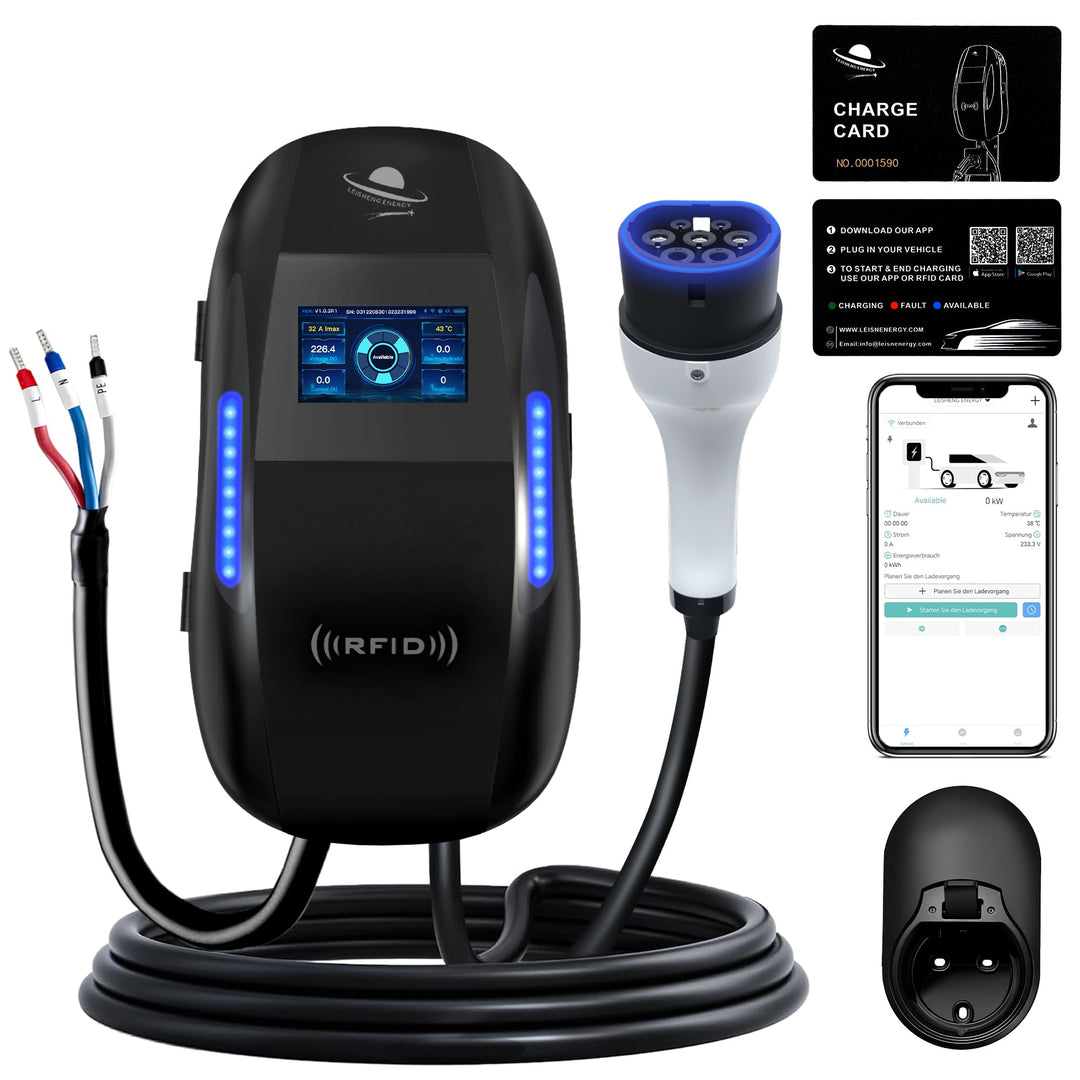 7kW electric car charger with LED display and Type 2 charging cable