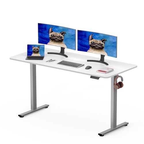 SANODESK Electric Standing Desk 140x80cm - Height Adjustable with Smart Panel - Silver Frame, White Desktop