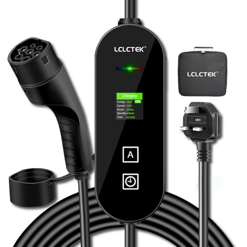 3KW Electric Car Charger - Type 2 to 3 Pin Plug - Portable EV Charger - LED Display - Waterproof IP65 - 8 Meters Cable
