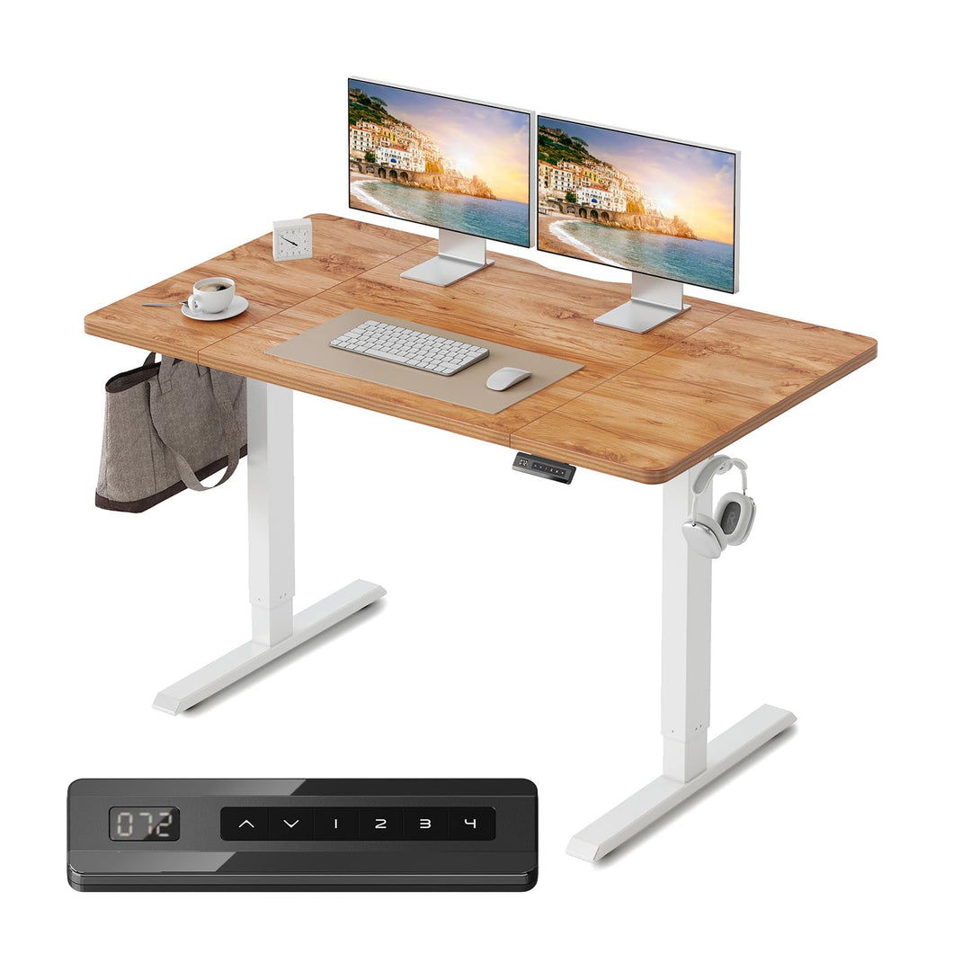 Electric standing desk with height adjustment and light brown finish