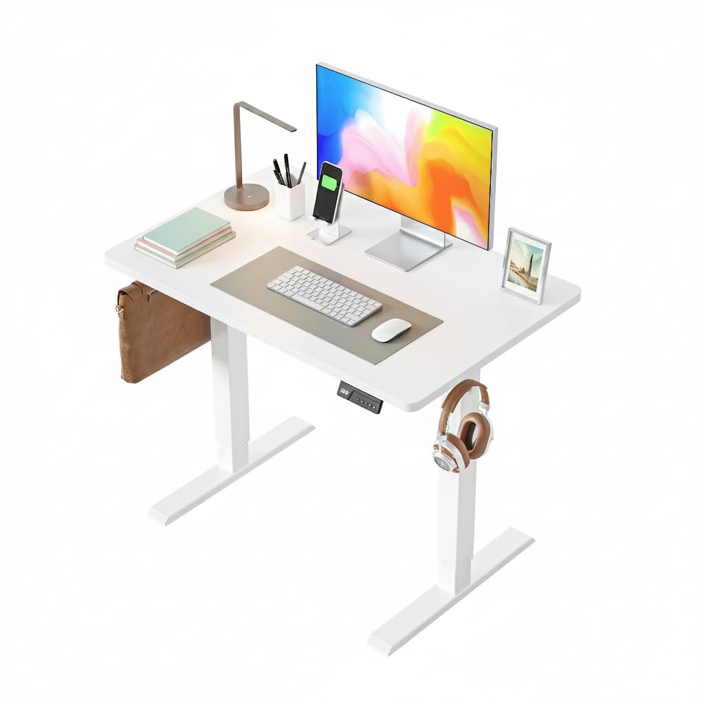 Electric standing desk with white wood grain surface and digital display panel