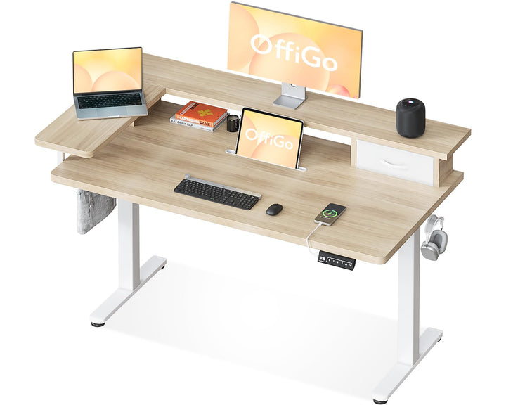 Electric standing desk with drawers and USB port in beige