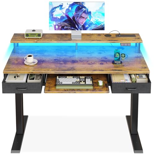 Offigo Adjustable Electric Standing Desk 120cm with Drawers and Keyboard Tray - Rustic Brown