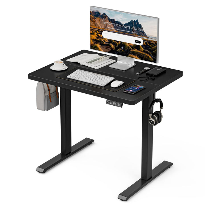 Height adjustable electric standing desk with two-piece desktop in black