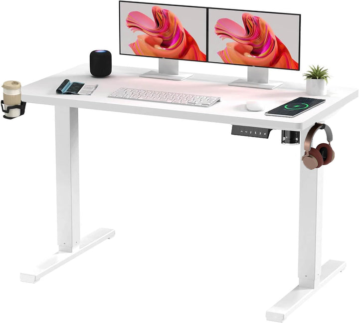 Electric standing desk with height adjustment and white desktop