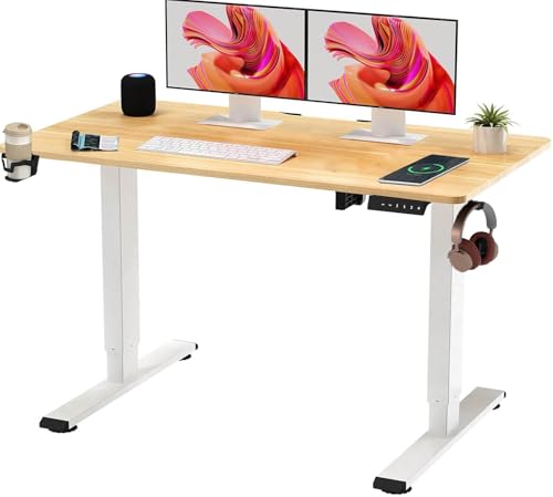 Electric Standing Desk - Height Adjustable with Memory Panel - White Frame, Maple Desktop
