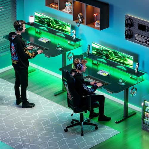 Electric Height Adjustable Standing Desk - U-Shaped - 140cm - Black - LED Light