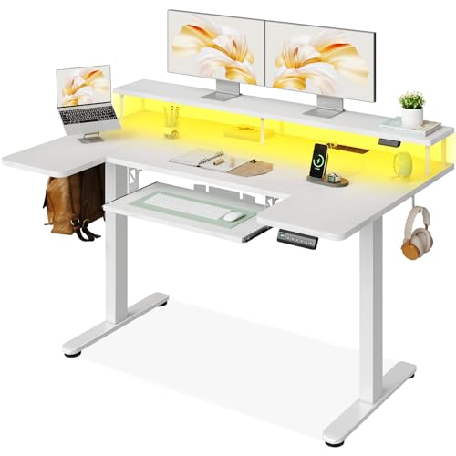 140cm U-Shaped Height Adjustable Desk with Monitor Stand - Electric Sit Stand Table - White
