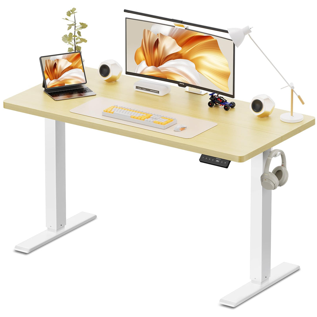Electric height adjustable standing desk in oak finish