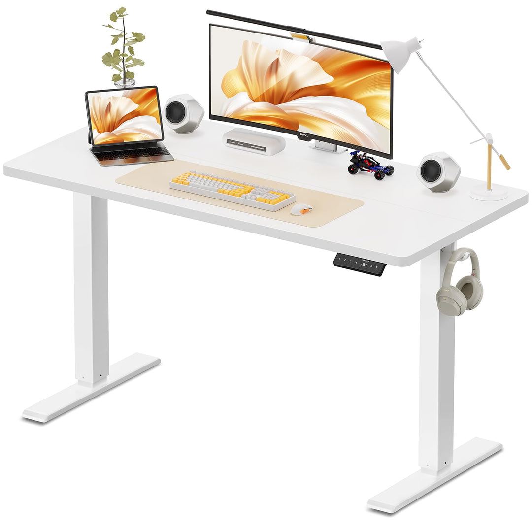 Electric height adjustable standing desk in white with ergonomic design