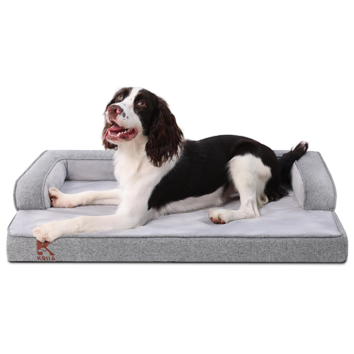 Large grey orthopedic dog bed with U-shape bolster