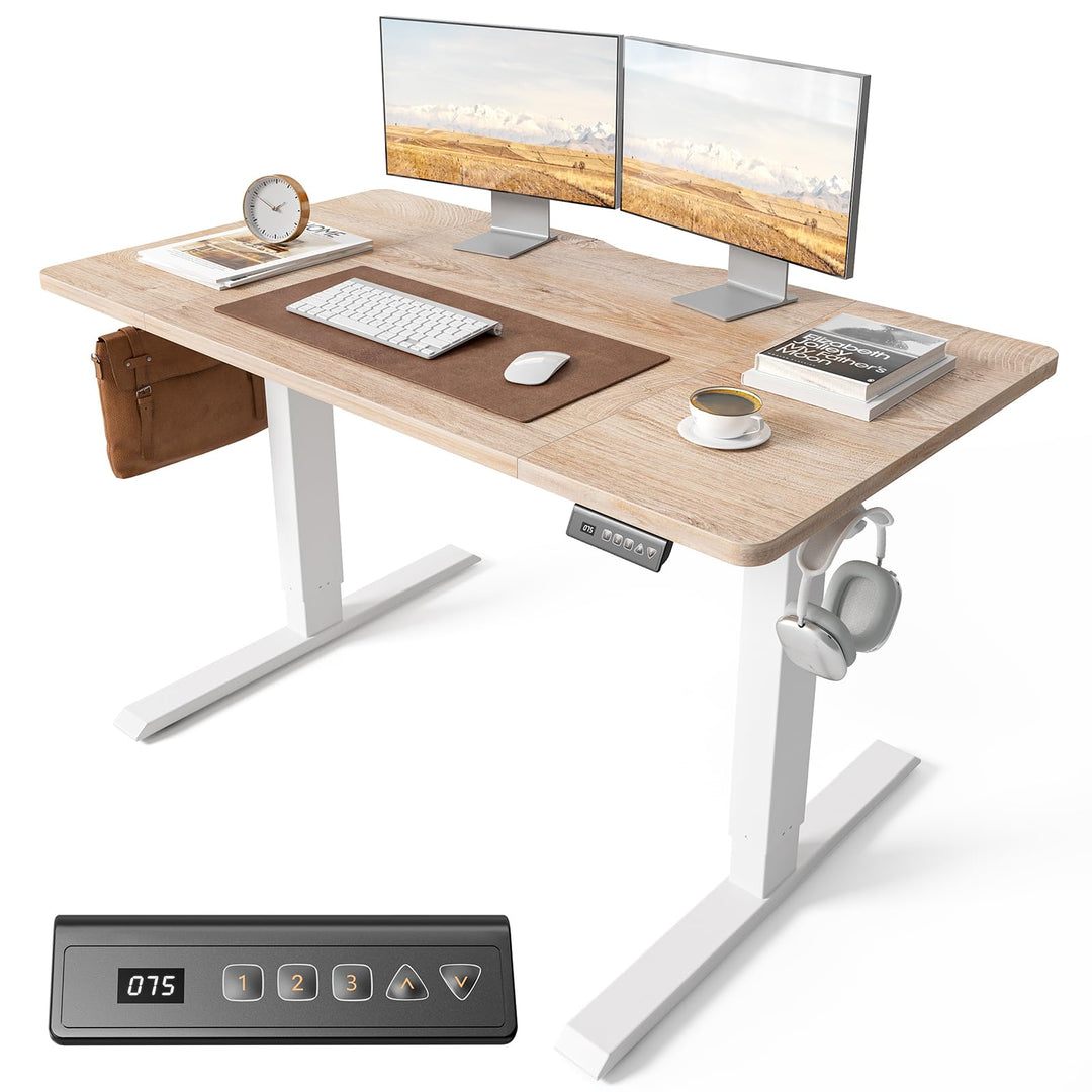 Electric standing desk with height adjustment and oak finish