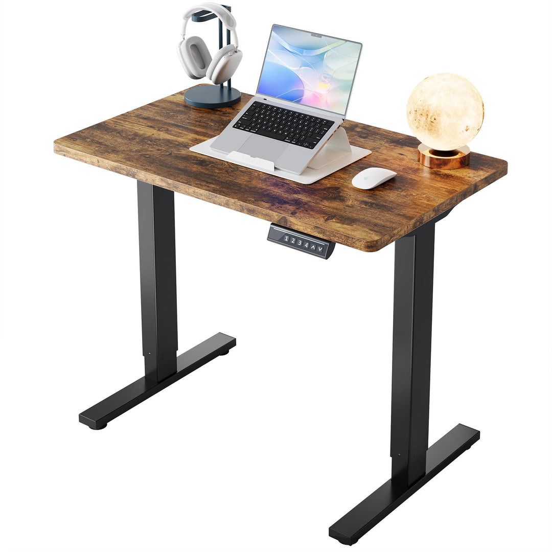 Electric standing desk with adjustable height and vintage brown finish