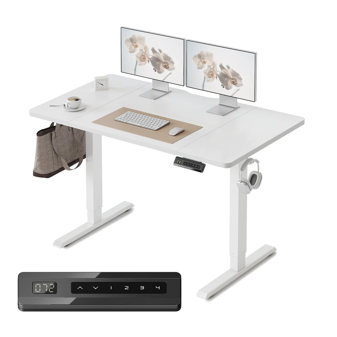 Electric standing desk with height adjustment and white finish