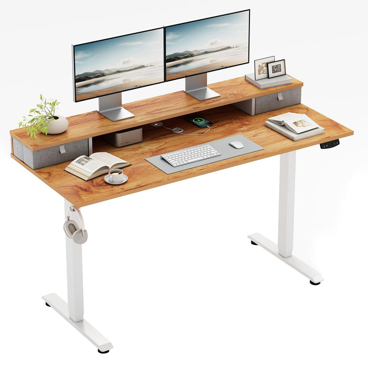 Height-adjustable electric sit-stand desk in light brown