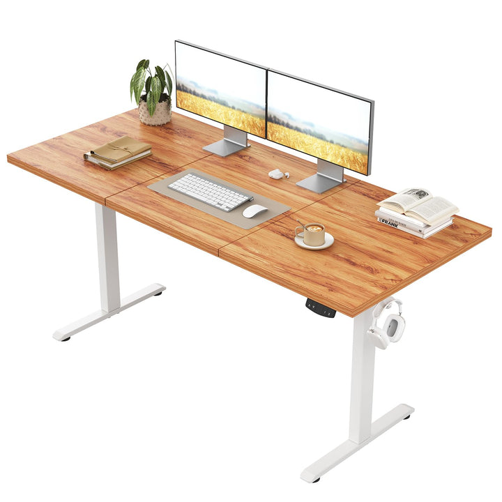 Height-adjustable electric desk in light brown with memory functions