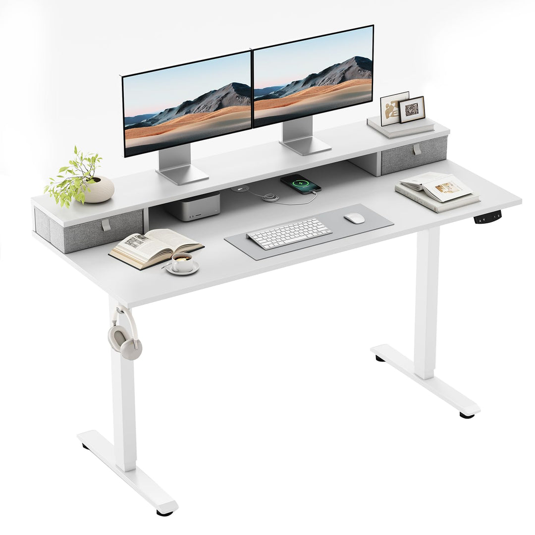 Height-adjustable electric sit-stand desk in white with drawers