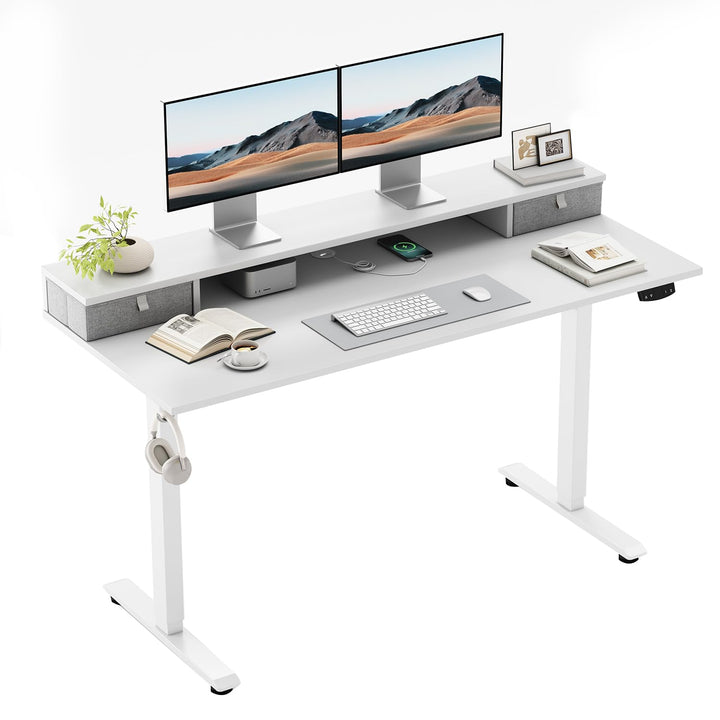 Height-adjustable electric sit-stand desk in white with drawers