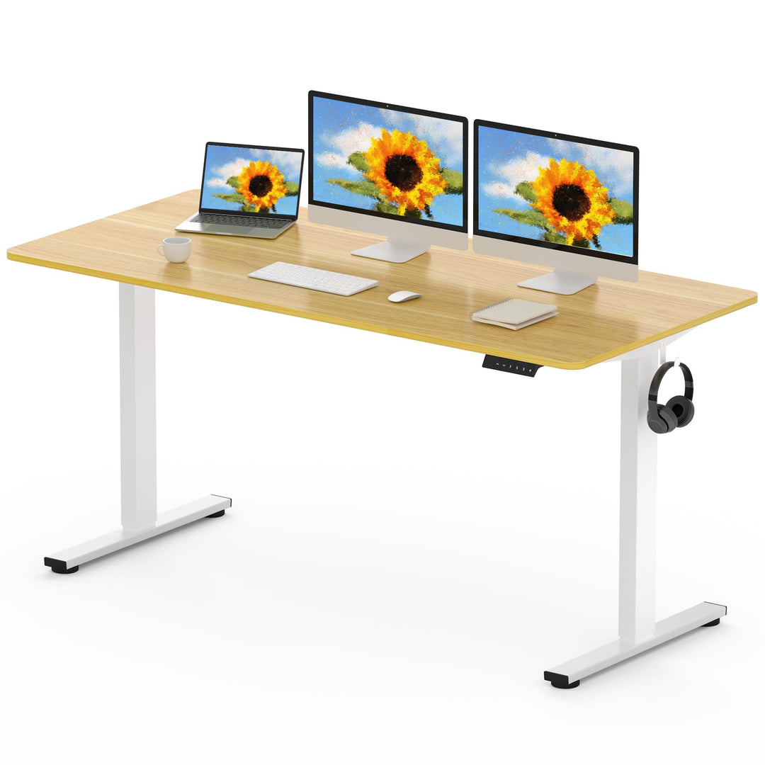 Electric standing desk with adjustable height and white frame