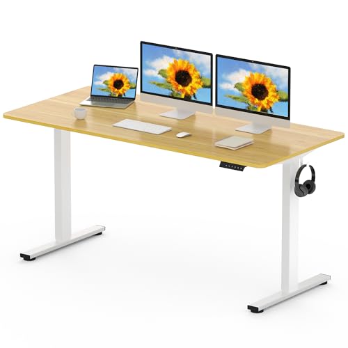 Electric Standing Desk 160 x 80cm Adjustable Height White Frame Maple Desktop