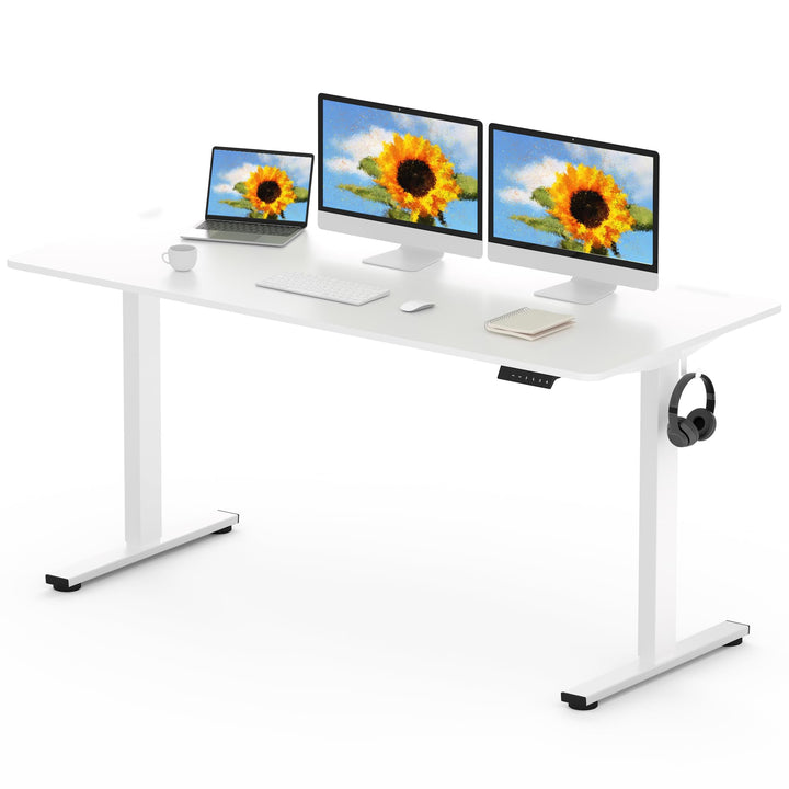 Electric standing desk with height adjustment and white frame