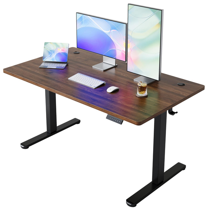 Electric standing desk with adjustable height and dark walnut finish