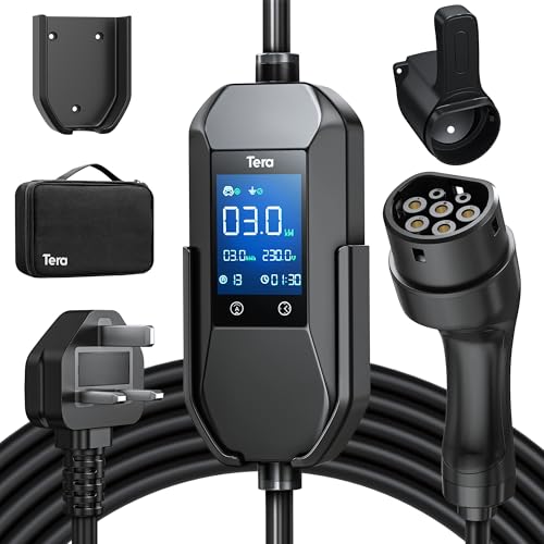EV Charger 3 Pin Plug - 6M Type 2 Charging Cable - Portable IP66 Electric Car Charger with LCD Display