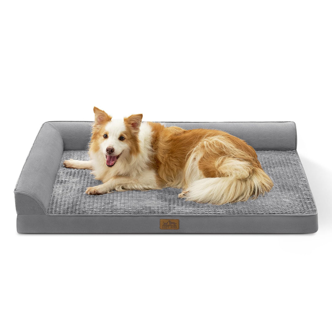 Large orthopedic dog bed with supportive foam bolster in gray