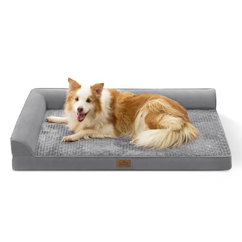 COSY KISS Large Orthopedic Dog Bed - L Shape Pet Couch with Foam Bolster - Gray