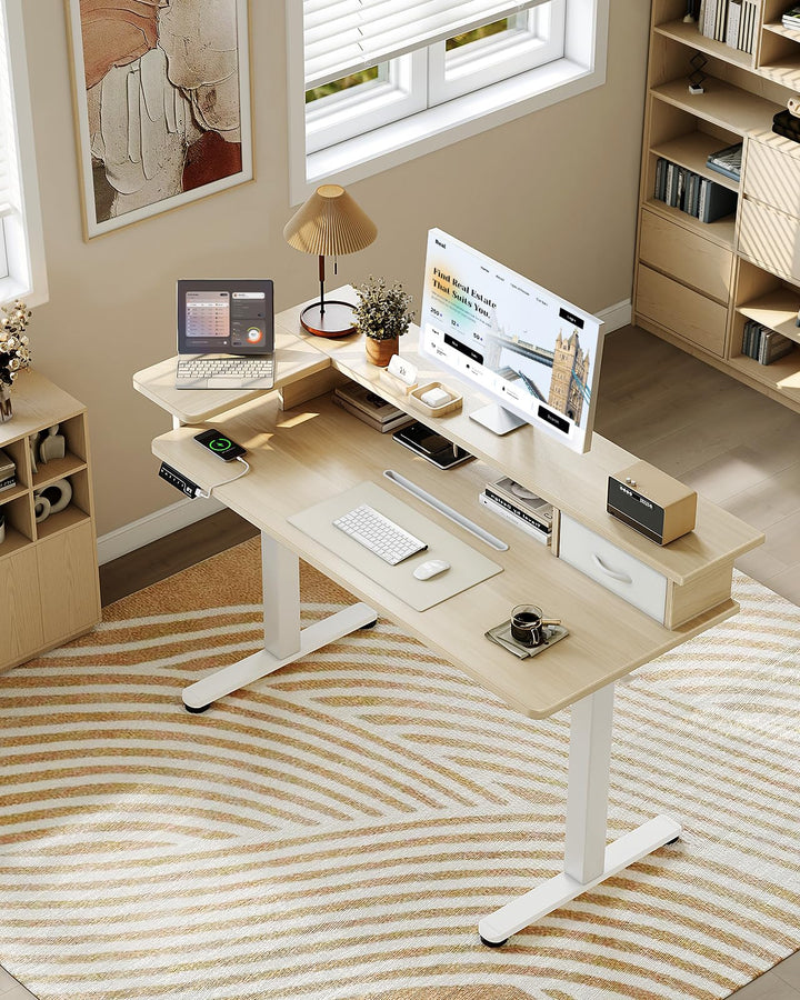 Electric Height Adjustable Standing Desk with Drawer - Ergonomic Computer Table - White - 120cm