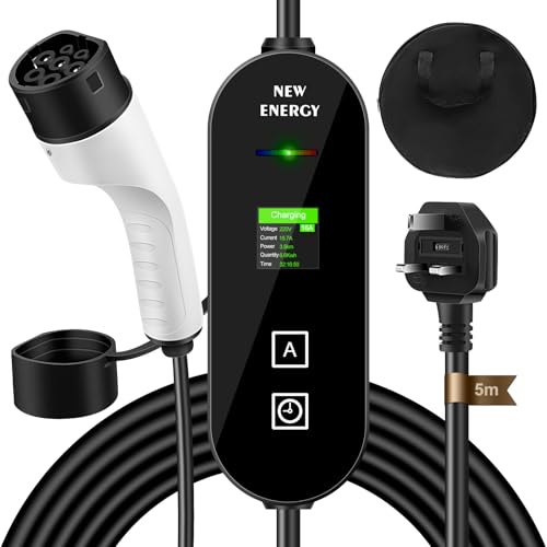 Type 2 to UK 3 Pin Plug Electric Car Charger 5M with LED Display - Waterproof