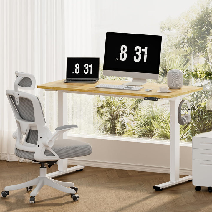 Electric Standing Desk - Height Adjustable with Memory Panel - White Frame, Maple Desktop - 100 x 60cm