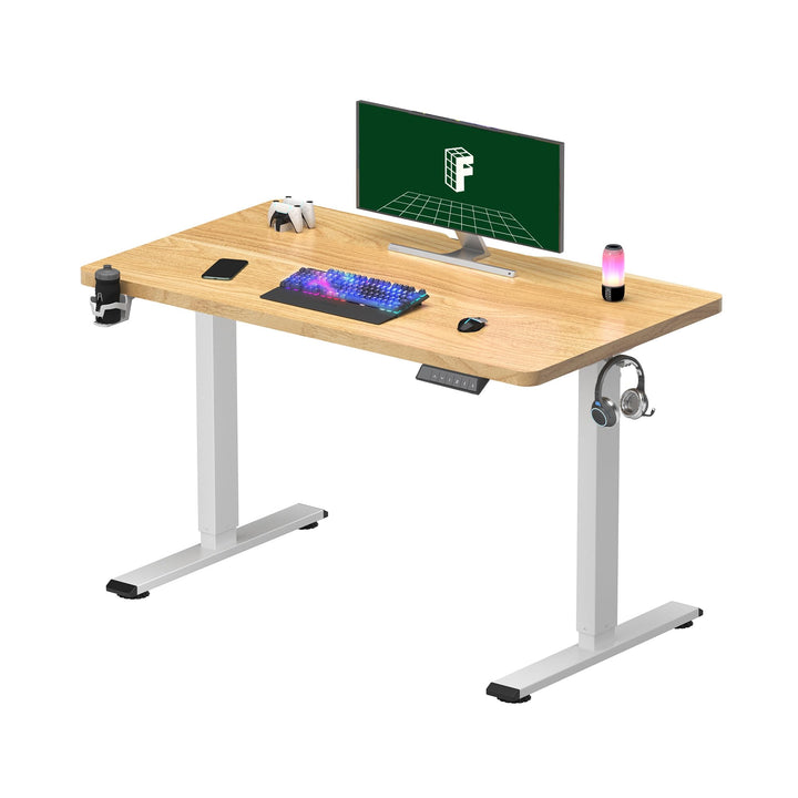 Electric height adjustable sit stand desk with maple finish