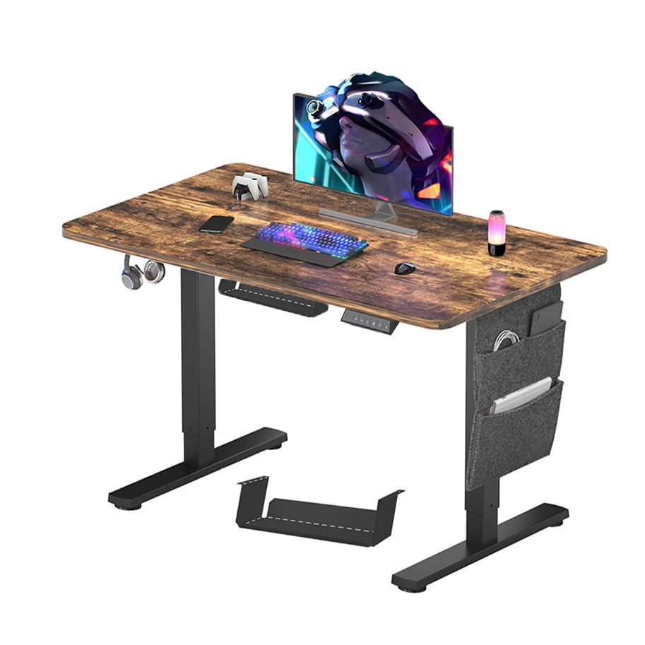 Electric standing desk with height adjustment and memory panel in brown