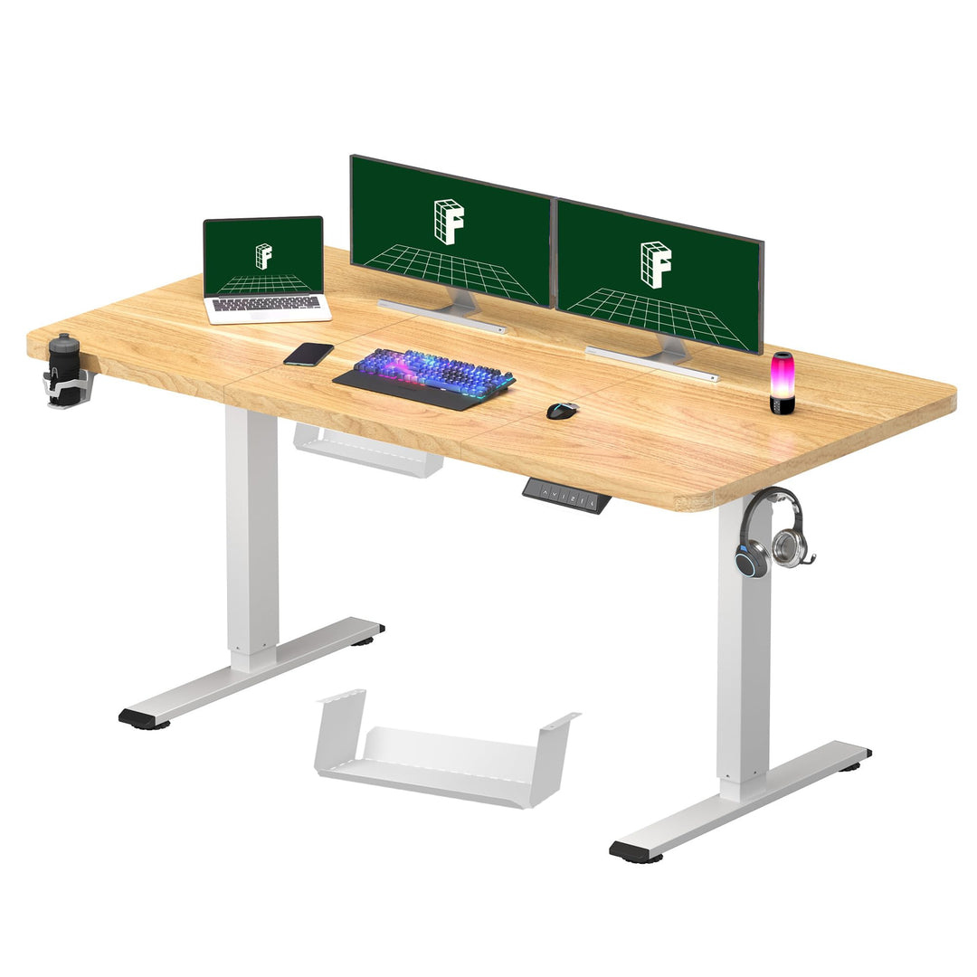 Electric standing desk with height adjustment and maple finish