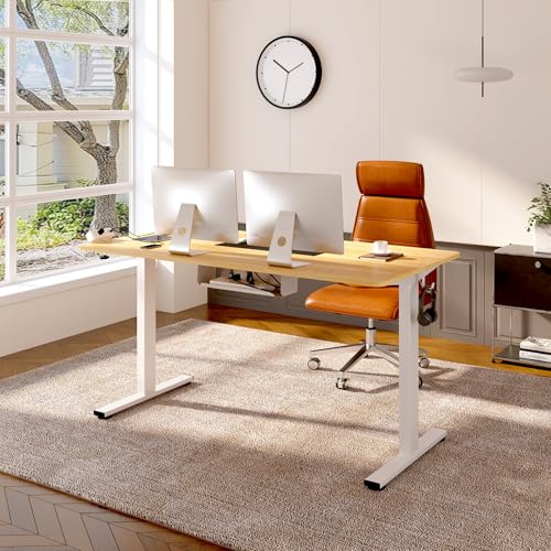 E1 Plus Standing Desk - Adjustable Height, 120x60cm, White Frame, Maple Desktop