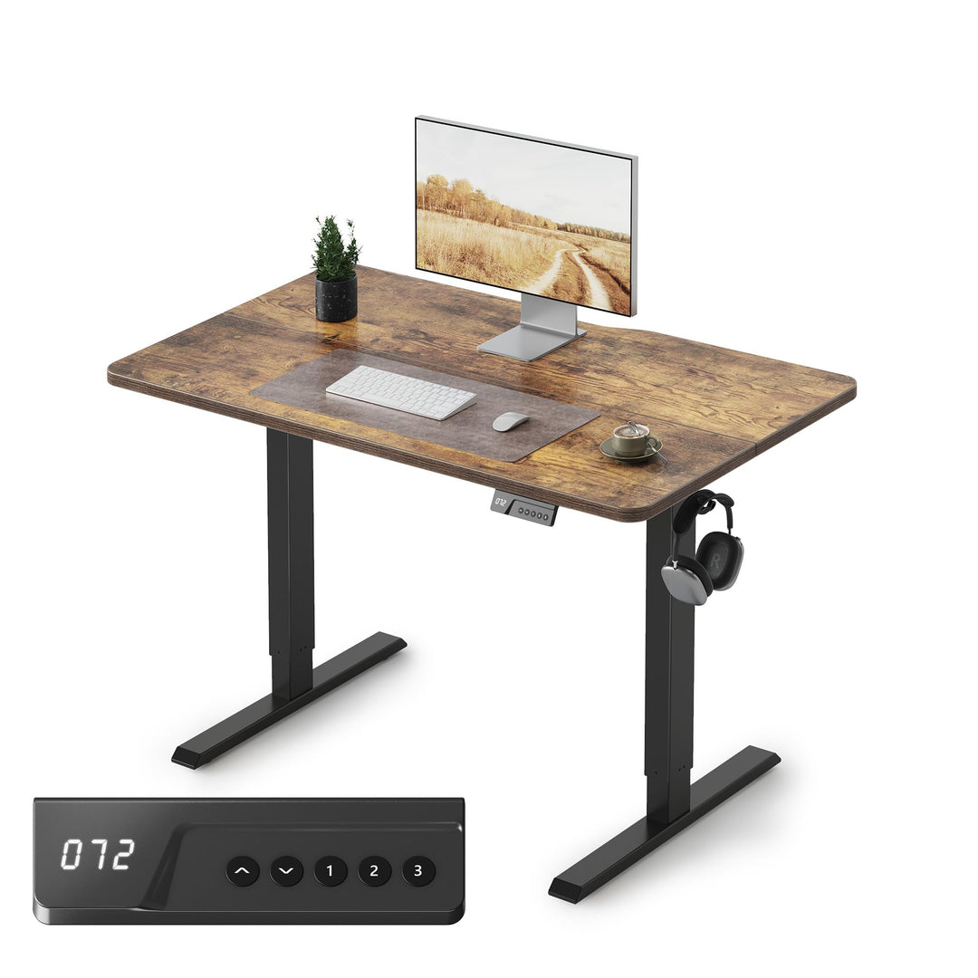Fezibo electric standing desk with vintage brown top and black frame