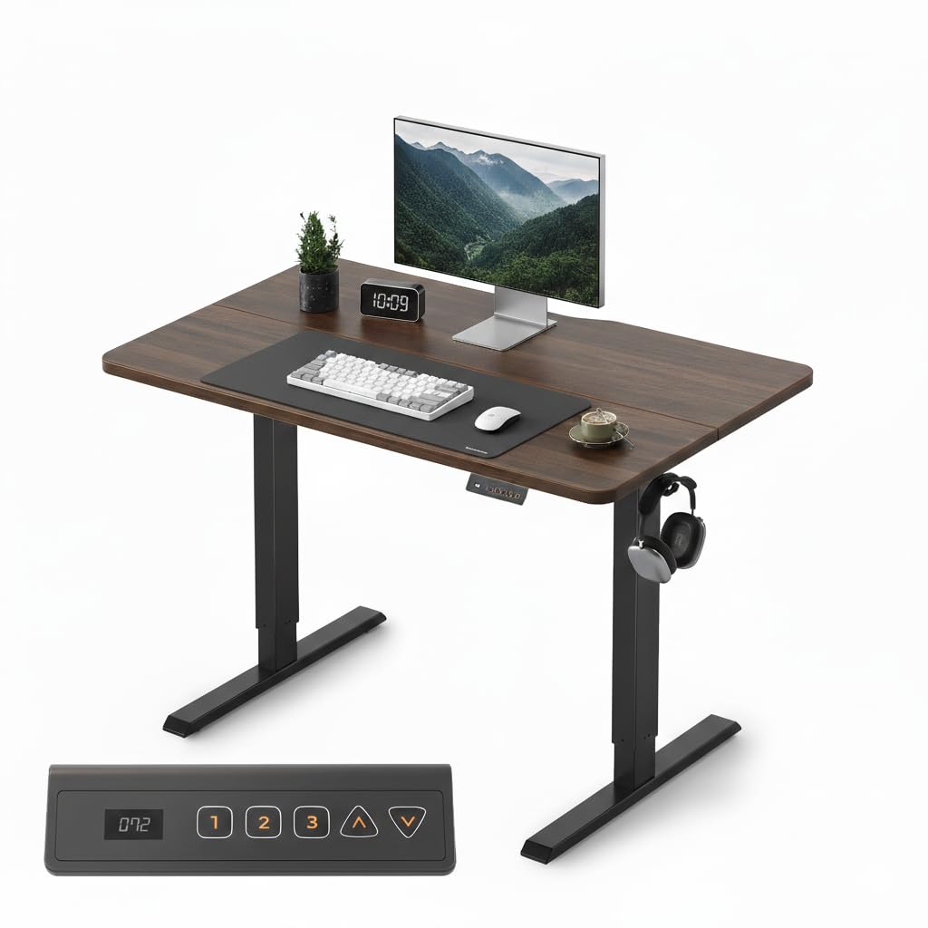 Electric standing desk with dark walnut top